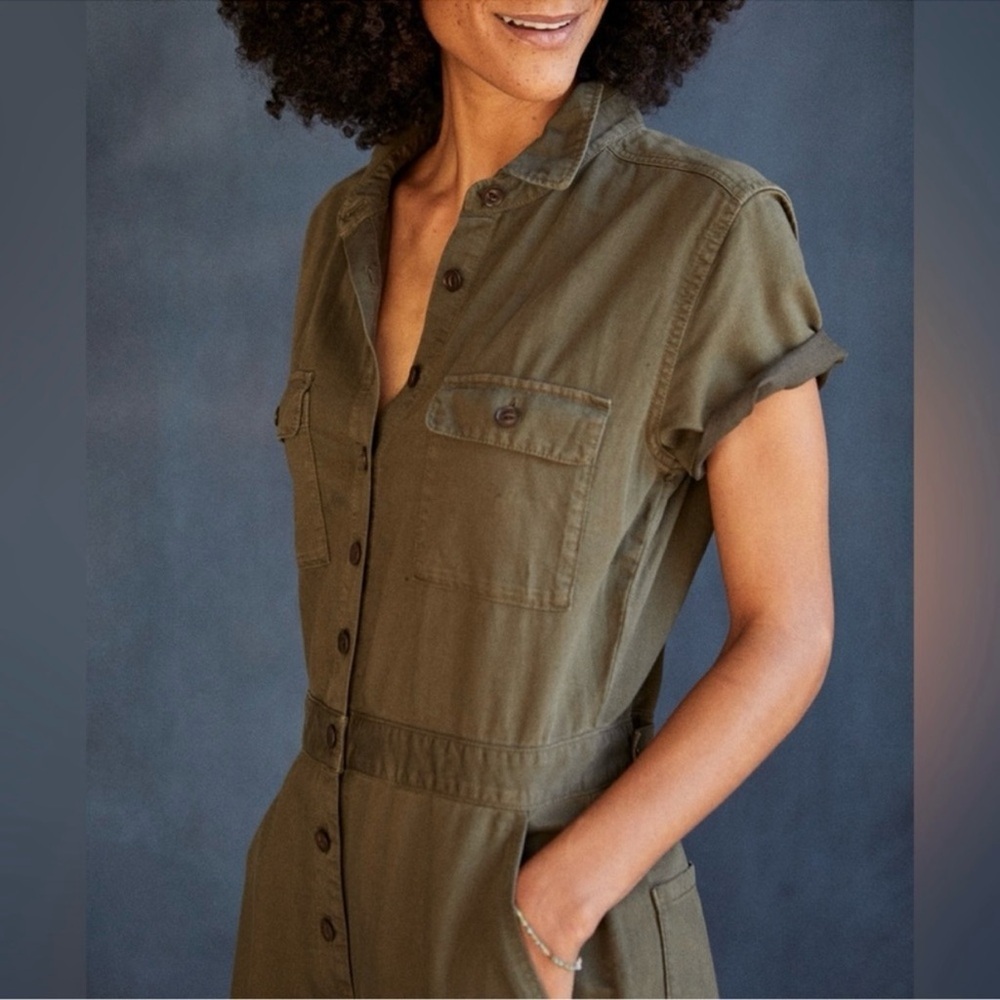 Outerknown SEA Utility Jumpsuit Olive Green Organic Cotton Linen Blend - Picture 3 of 14
